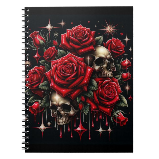 Gold Skulls & Red Roses Sparkle Gothic Glamour Notebook (Front)