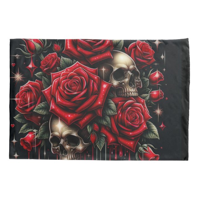 Gold Skulls & Red Roses Sparkle Gothic Glamour Pillowcase (Back)