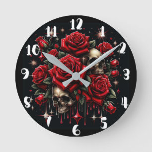 Gold Skulls & Red Roses Sparkle Gothic Glamour Round Clock