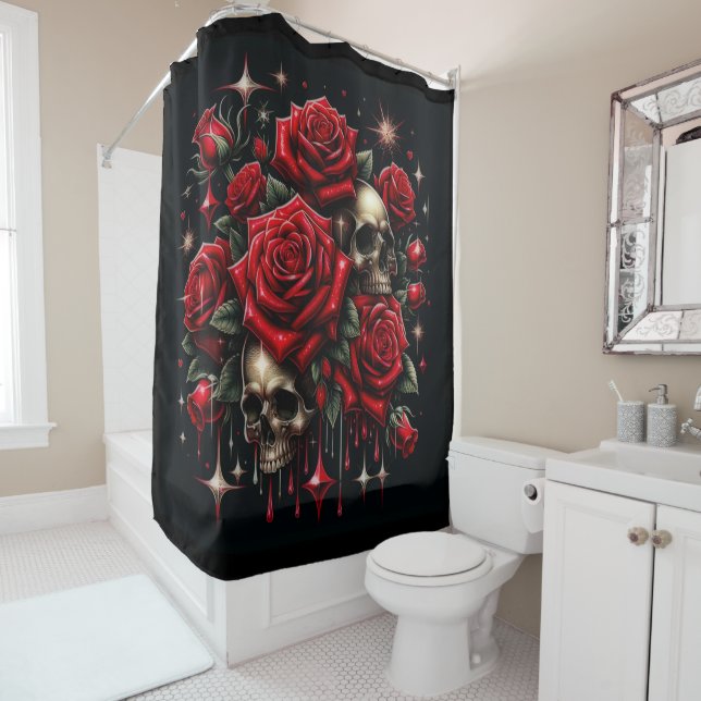 Gold Skulls & Red Roses Sparkle Gothic Glamour Shower Curtain (In Situ)