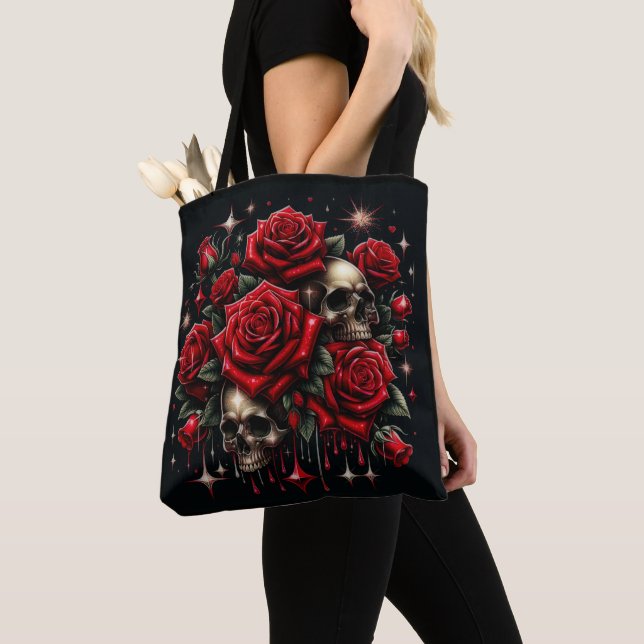 Gold Skulls & Red Roses Sparkle Gothic Glamour Tote Bag (Close Up)
