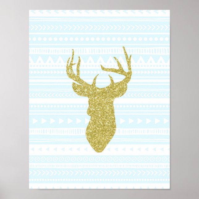 Gold Sky Blue Nursery Decor Deer Tribal Pattern (Front)