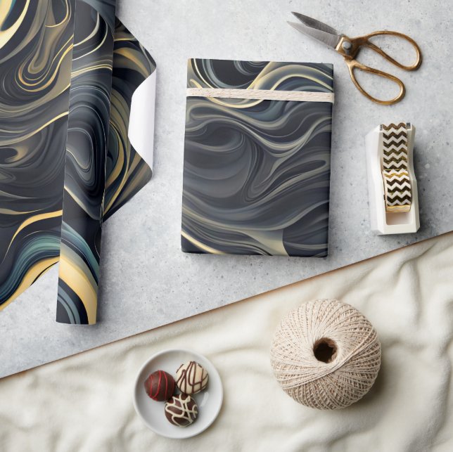Gold Smoke Swirls On Black Wrapping Paper (Crafts)