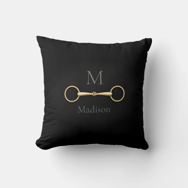 Gold Snaffle Bit Monogrammed Equestrian Cushion (Front)