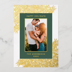 Gold Snow Botanical Frame Text Photo Happy Foil Holiday Card
