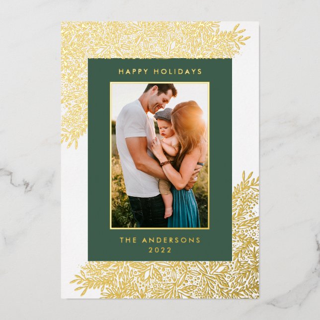 Gold Snow Botanical Frame Text Photo Happy Foil Holiday Card (Front)
