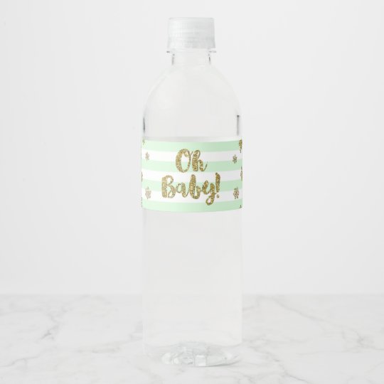 Gold Snow Mint Stripes Winter Baby Shower Water Bottle Label