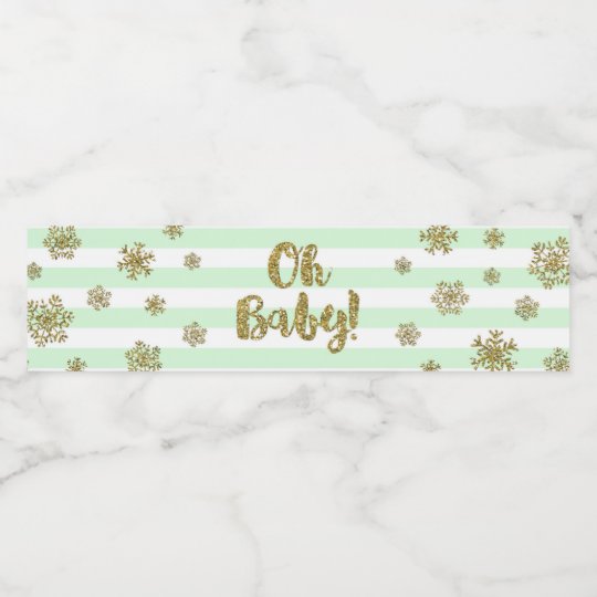 Gold Snow Mint Stripes Winter Baby Shower Water Bottle Label