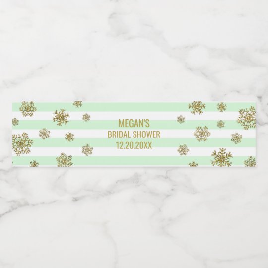 Gold Snow Mint Stripes Winter Bridal Shower Water Bottle Label