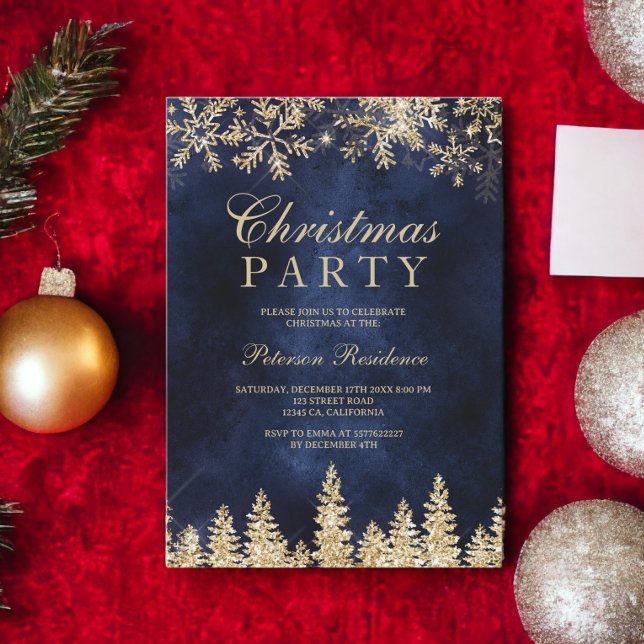 gold snow pine navy blue chic corporate Christmas Invitation (gold snow pine navy blue chic corporate Christmas Invitation)