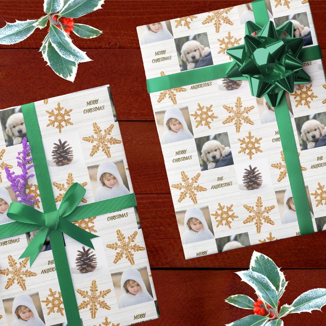 Gold Snowflake 3 Photo Collage Christmas Wrapping Paper (Creator Uploaded)
