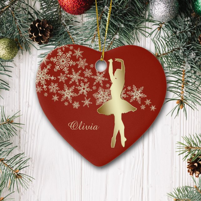 Gold Snowflake Ballerina Red Personalised Ceramic Ornament (Creator Uploaded)