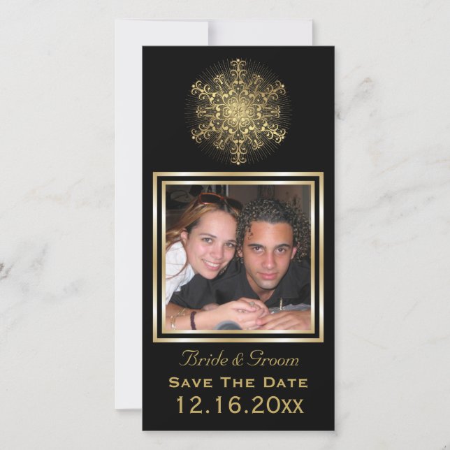 Gold snowflake black winter wedding Save the Date (Front)