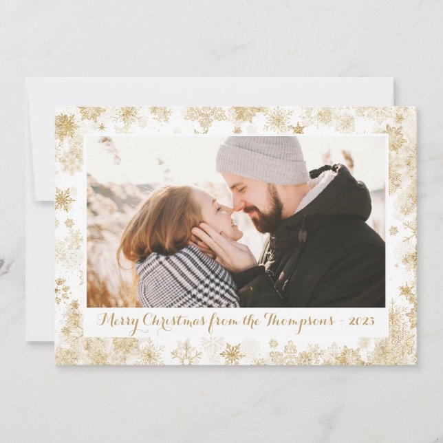 Gold Snowflake Border Photo Christmas Cards (Front)