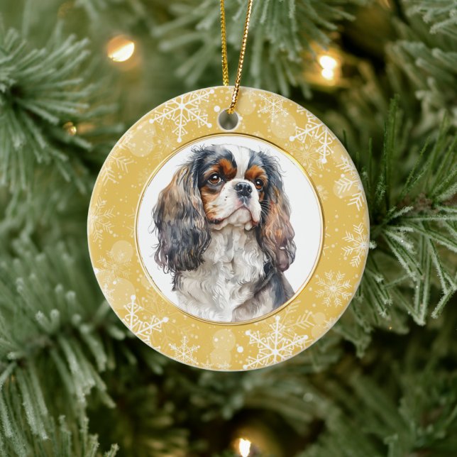 Gold Snowflake Cavalier King Charles Spaniel Ceramic Ornament (Tree)