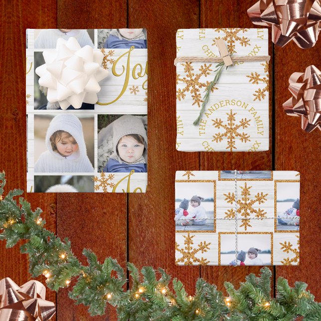 Gold Snowflake Christmas Holiday Your Photos Wrapping Paper Sheet (Creator Uploaded)