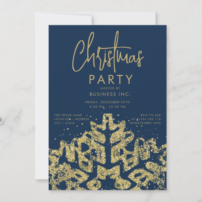 Gold Snowflake Corporate Christmas Party Navy  Invitation (Front)