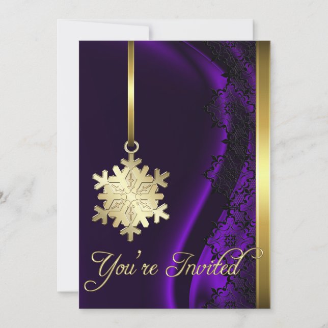 Gold Snowflake Decoration Purple Silk Invitation (Front)