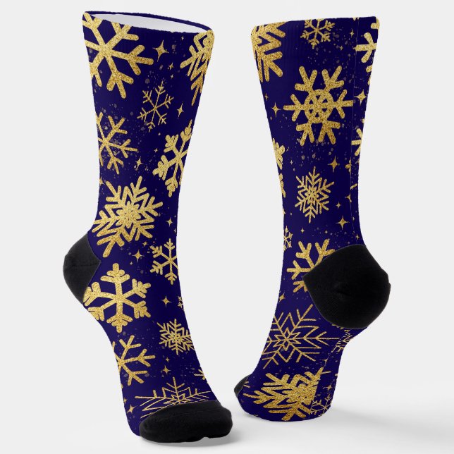 Gold Snowflake Elegance – Holiday Crew Socks (Angled)