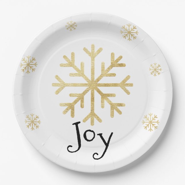 Gold Snowflake Elegant Black Modern Christmas Paper Plate (Front)
