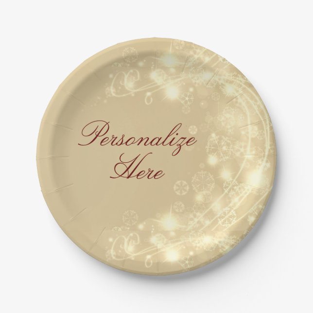 Gold snowflake elegant winter party paper plate (Front)