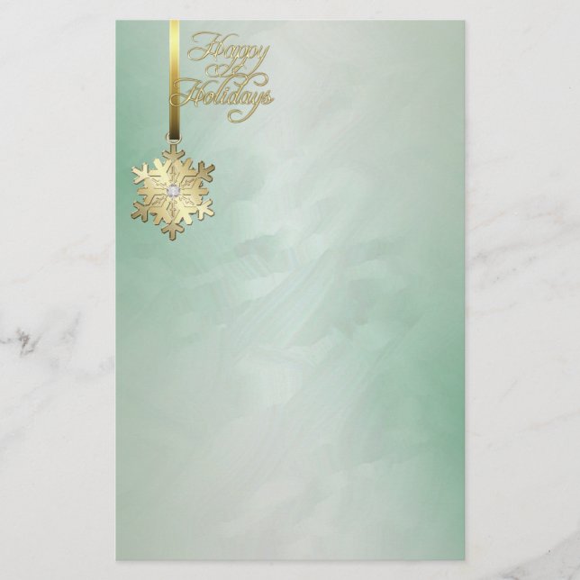 Gold Snowflake Green Foil Holiday Stationery (Front)