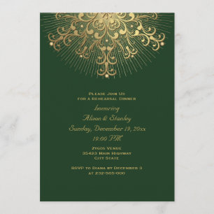 Gold snowflake green wedding rehearsal dinner invitation