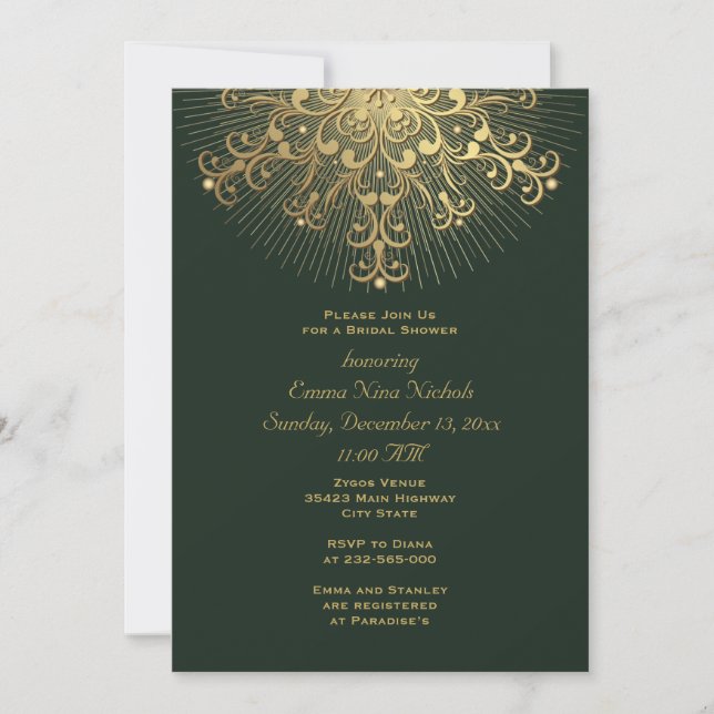 Gold snowflake green winter wedding bridal shower invitation (Front)