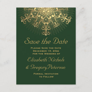 Gold snowflake green winter wedding Save the Date