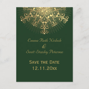 Gold snowflake green winter wedding Save the Date Announcement Postcard