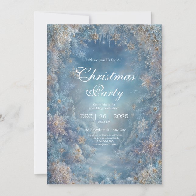 Gold Snowflake Icy Blue Floral Winter Wedding Invitation (Front)