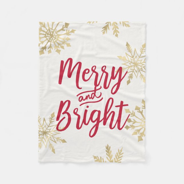 Gold Snowflake Merry and Bright Christmas Fleece Blanket (Front)
