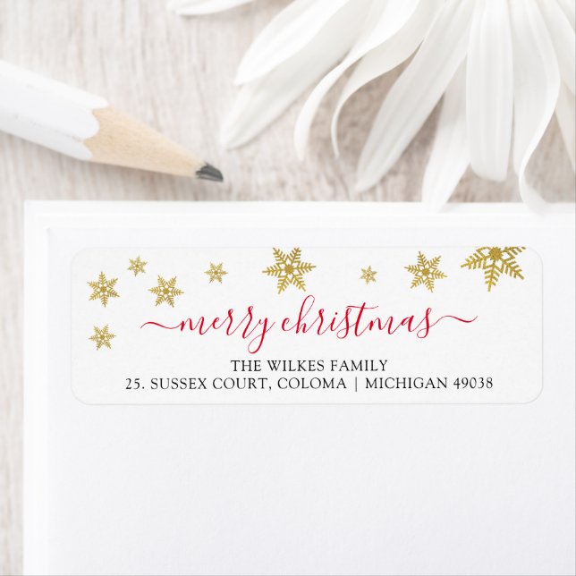 Gold Snowflake Merry Christmas Post Return Address Label (Insitu)