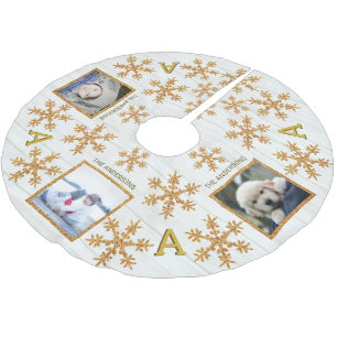 Gold Snowflake Monogram Rustic 3 Photo Brushed Polyester Tree Skirt