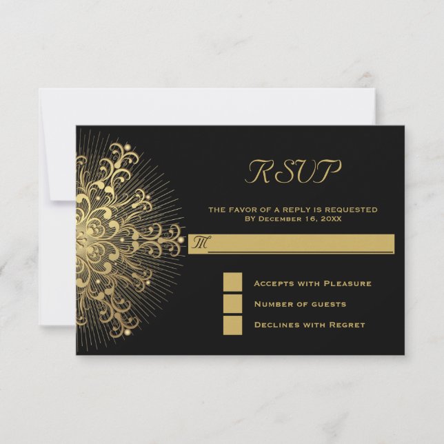 Gold snowflake on black winter wedding RSVP reply (Front)