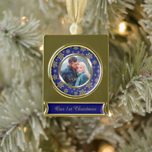 Gold Snowflake on Blue First Christmas Plated Banner Ornament