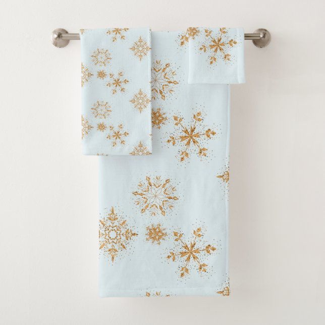 Gold Snowflake on Frosty Blue Christmas Pattern Bath Towel Set (Insitu)