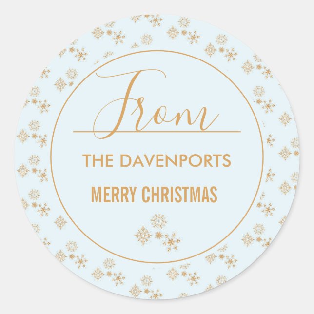 Gold Snowflake on Frosty Blue Christmas Pattern Classic Round Sticker (Front)