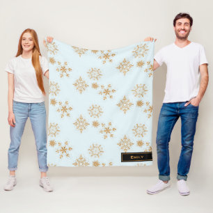 Gold Snowflake on Frosty Blue Christmas Pattern Fleece Blanket