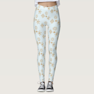 Gold Snowflake on Frosty Blue Christmas Pattern Leggings