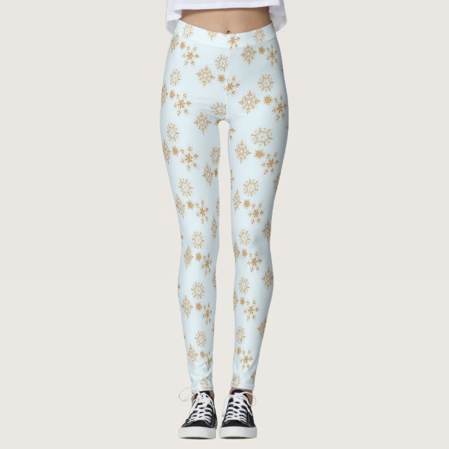 Gold Snowflake on Frosty Blue Christmas Pattern Leggings (Front)