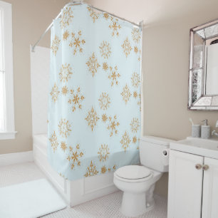 Gold Snowflake on Frosty Blue Christmas Pattern Shower Curtain