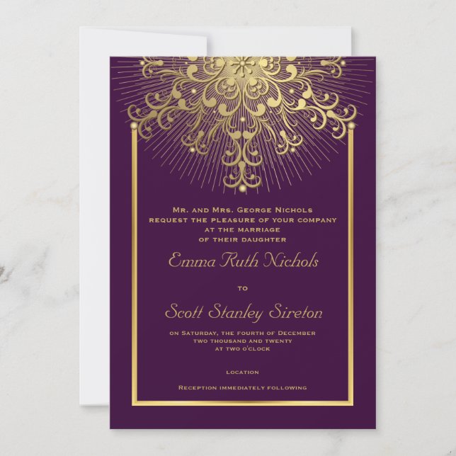 Gold snowflake on purple elegant  winter wedding invitation (Front)