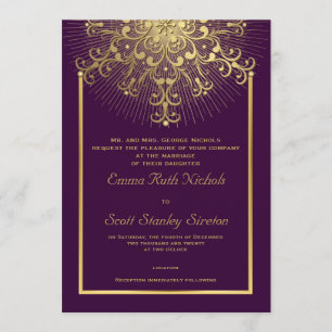 Gold snowflake on purple elegant winter wedding invitation