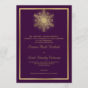 Gold snowflake on purple elegant winter wedding invitation