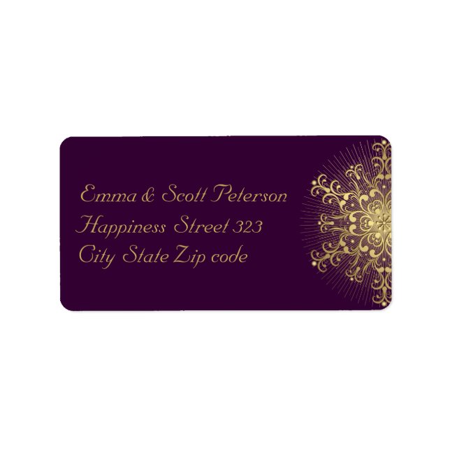 Gold snowflake on purple winter wedding label (Front)