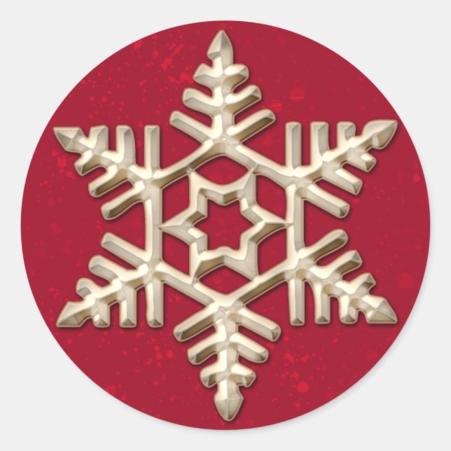 Gold Snowflake on Red Holiday Classic Round Sticker (Front)