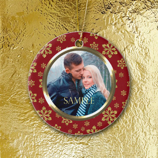 Gold Snowflake on Red Holiday Template Ceramic Ornament