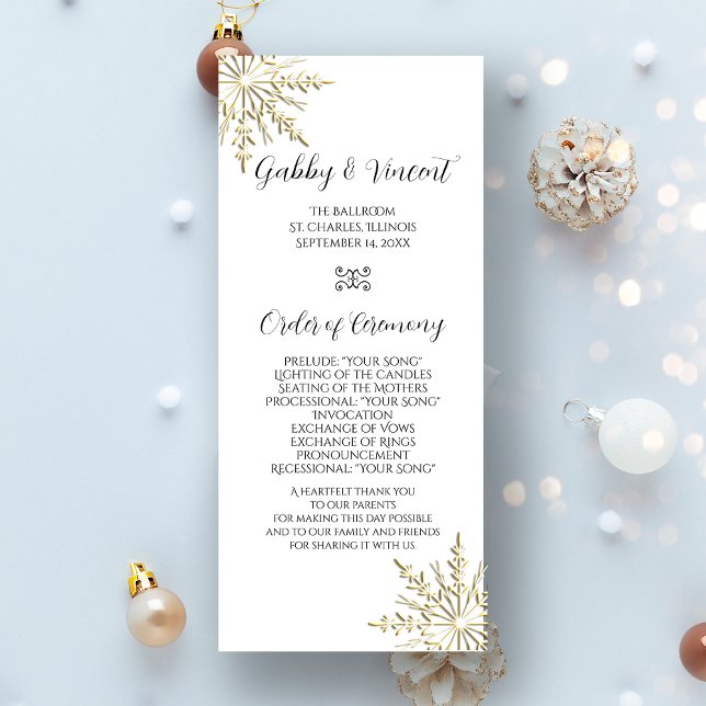 Gold Snowflake on White Winter Wedding Program (Creator Uploaded)