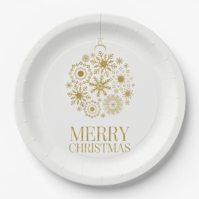 Gold Snowflake Ornament Christmas Paper Plates (Front)